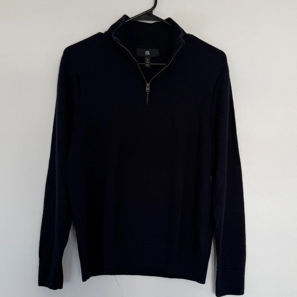 BR Italian Quarter Zip Men'sSweater Navy Medium 100% Merino‎ Extra Fine Wool